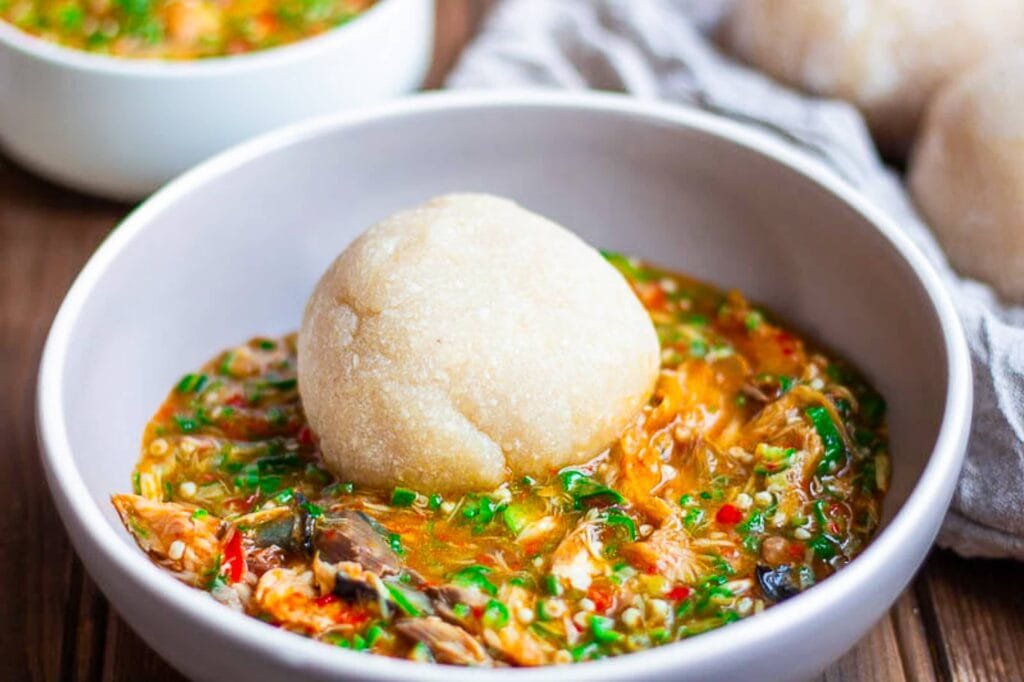 eba and okra soup with seafood